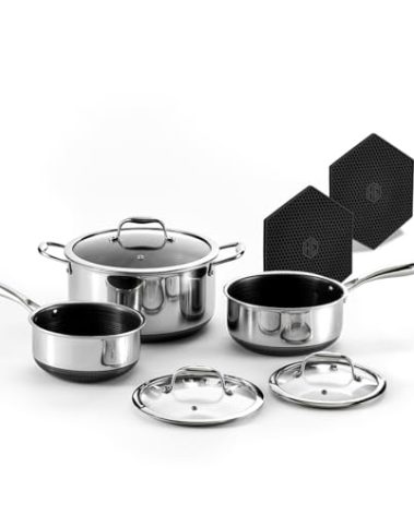 HexClad Hybrid Nonstick 6-Piece Pot Set with 2 Silicone Trivets, 2, 3, and 8-Quart Pots with Tempered Glass Lids, Stay-Cool Handles, Dishwasher-Friendly, Induction Ready, Compatible with All Cooktops