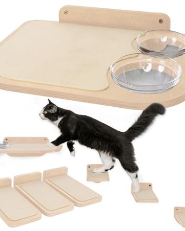 INICIO Cat Wall Shelves – Dog Proof Feeding Station with Wall Mounted Shelves, Durable 3 Step Birch Floating Shelf for Cats Up to 15lbs, Attached Cat Food Bowl for Convenient Feeding – Wood Brown