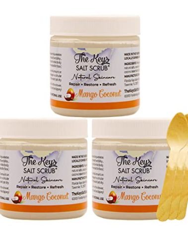 The Keys Salt Scrub -Sea Salt Scrub - Exfoliating Body Scrub with Wooden Spoon - Moisturizing Exfoliator for Hands, Foot, Bath, (3.4 Ounce (Pack of 3), Mango Coconut)