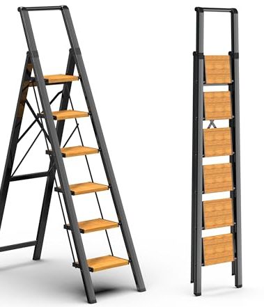 GameGem 6 Step Ladder for 12 Feet High Ceiling, Lightweight Aluminum Folding Step Stool with Convenient Handgrip, Stepladders with Anti-Slip and Wide Pedal for Home Use Space Saving - Black+Woodgrain