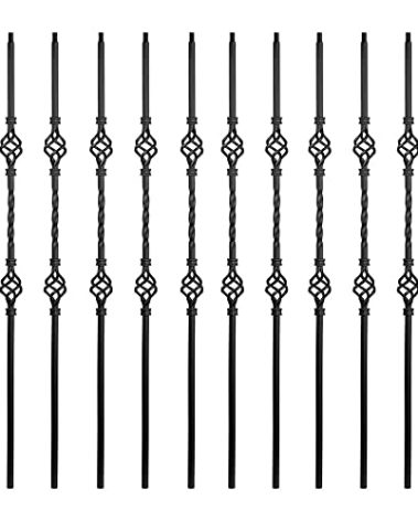 Elecmate Iron Balusters for Staircase Interior (Box of 10) Stair Spindles 1/2" Square Balusters - Hollow Double Basket Single Twist Stair Balusters (Real Satin Black), E06