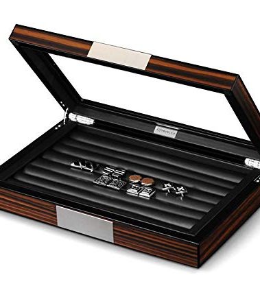 Lifomenz Co Wood Cufflink Box with Glass Window Cufflink Display Case Ring Organizer and Cufflink Box for men Hold 36-46 Pairs