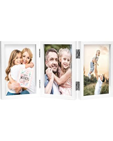3 Picture Frame 4x6 Triple Hinged MDF Wood with Glass Front Three Opening Photo Frame Stand Vertical on Tabletop, White