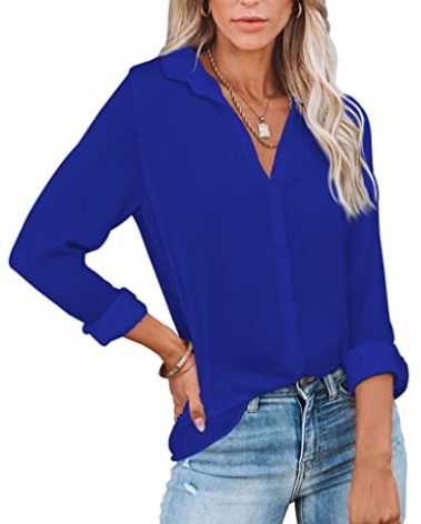 Diosun Womens Button Down V Neck Shirts Long Sleeve Office Casual Business Plain Blouses Tops (X-Large, Royal Blue)