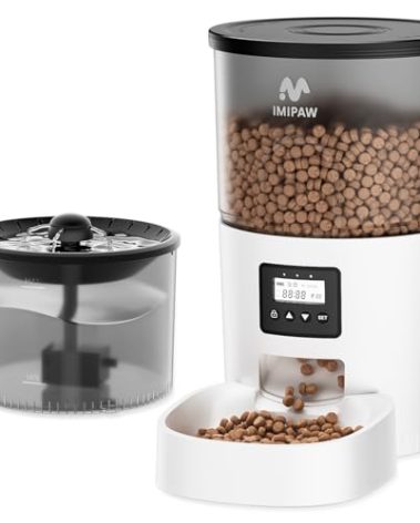 IMIPAW Automatic Cat Feeder and Water Fountain, Timed Pet Dry Food Dispenser, Programmable Portion Control, 1-6 Meals Per Day, Cat Fountains for Drinking with Filter, Small Pets (3L Combo)