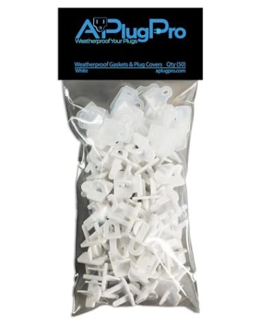 The Original Weatherproof Gaskets & Plug Covers - Made in USA, Outdoor Waterproof GFCI Protectors, Christmas Light Installation, Extension Cords, Stop GFCIs from Tripping (White, Qty 50) - by APlugPro