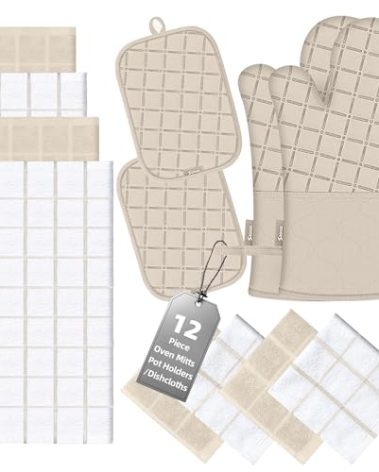 Oven Mitts Pot Holders Sets/Kitchen Towels and Dishcloths, Oven Gloves Kitchen Dish Towels 500 Degree Heat Resistant Potholders with Non-Slip Silicone Surface for Cooking, Grilling, Baking-Milkshake