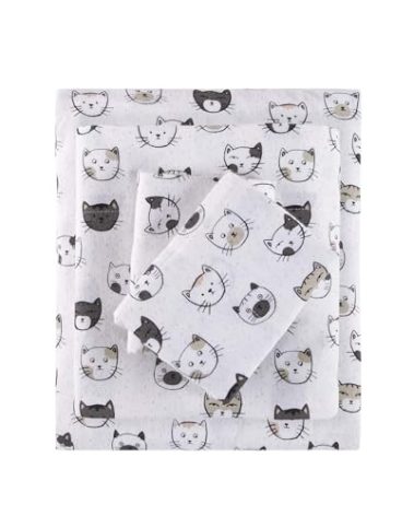 Intelligent Design Cozy Soft 100% Cotton Flannel Print Animals Stars Cute Warm, Ultra Soft Cold Weather Sheet Set Bedding, Queen, Grey/Pink Cats 4 Piece