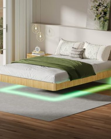 Bellemave King Floating Bed Frame with LED Lights, Oak Wood Floating Bed Frame King, Wave Curve Wood Texture Bed with Heavy Duty Metal Slats