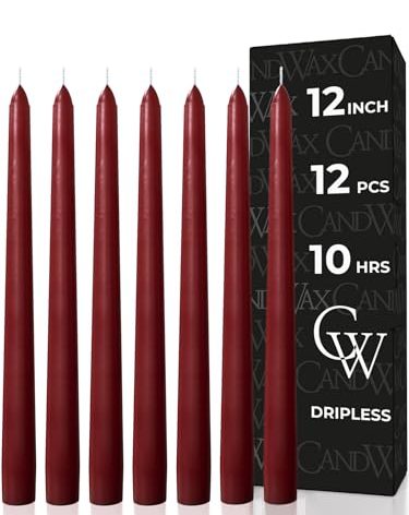 CANDWAX 12 inch Burgundy Taper Candle Set of 12 - Unscented Smokeless Dripless Candlesticks - Candle Sticks for Christmas Decorations, Party Décor, Dinner Table Centerpieces - Burgundy Tapers