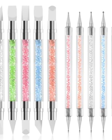 10PCS Nail Art Gel Carving Pen Acrylic Nail Dotting Pen Rhinestone Handle Double-Ended Silicone Nail Art Pen Brushes for Design Nail Foil Carving Drawing and 3D Effect Shaping Drawing Dotting Tools