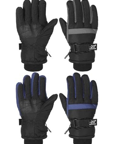 SATINIOR 2 Pairs Kids Waterproof Winter Snow Gloves Ski Gloves for Boy Girl Outdoor Warm Thickening Snowboard(Gray, Dark Blue,10-15 Years)