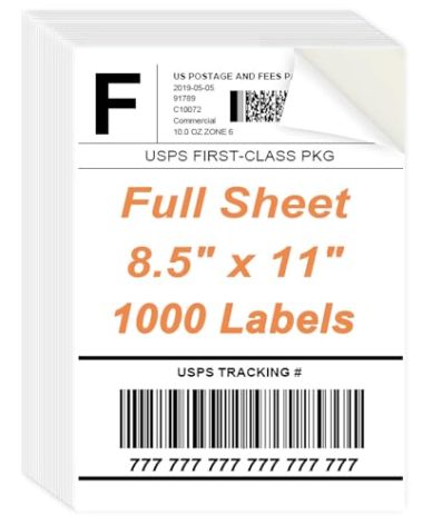 8.5" x 11" Sticker Paper for Inkjet Printers - 1000 Sheets Full Sheet Shipping Labels Printable Full Page Labels 8.5×11 White Sticker Paper for Laser Printing - Matte