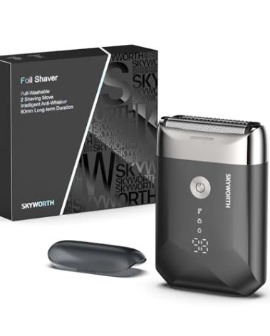 Skyworth Foil Shavers for Men,Mini Electric Face Shaver,Compact Dual-Action Razor IPX6 Waterproof with Led Display Wet/Dry Cordless Razor,60 Minute Runtime,USB C Fast Charge for Travel & Home,Black