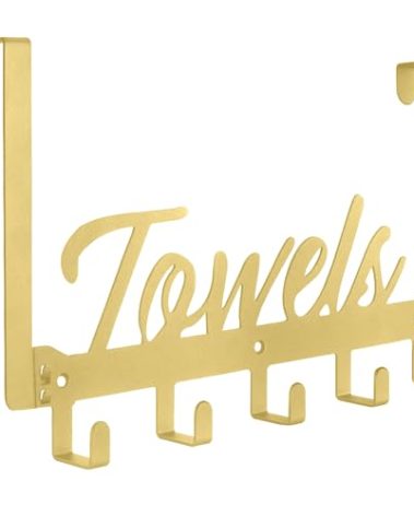 Azmoncy Over The Door Hooks - Heavy Duty Towel Rack with 5 Coat Hooks for Bedroom Kitchen, Gold Bathroom Decor