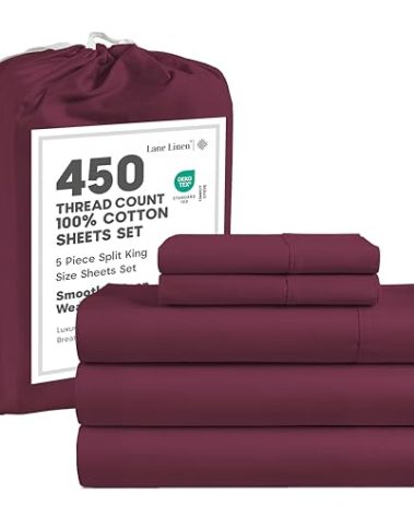 LANE LINEN 100% Cotton Split King Size Sheets Set - 4 Pieces - Ultra Soft Sateen Weave, 450 Thread Count - Breathable, Cooling, Durable, 15" Deep Pockets - Windsor Wine