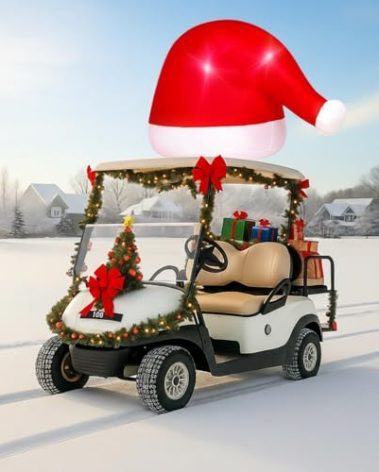 JellyArch 5.9 ft Large Inflatable Christmas Golf Cart Decoration with LED Lights Outdoor Christmas Blow Ups Santa Hat for Car Decor for Xmas Holiday Vehicle Accessories Yard Garden(Classic)