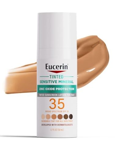 Eucerin Sun Tinted Sensitive Mineral Face Sunscreen Lotion SPF 35, Non-Comedogenic Mineral Sunscreen with Gentle Zinc Oxide Protection for Sensitive Skin, 1.7 Fl Oz Bottle