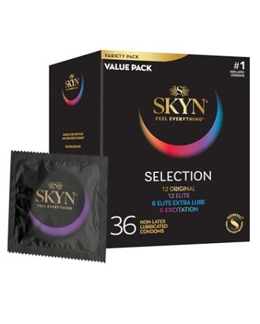 SKYN Selection Non-Latex Condoms, Regular Fit Variety Pack Contains SKYN Elite, Original, Excitation, Extra Lube, Condoms, 36 Count