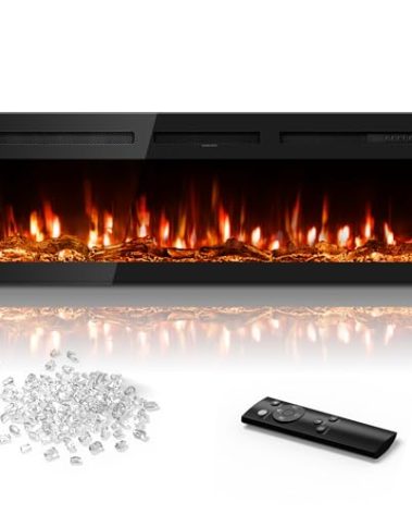 Manastin 60 inch Electric Fireplace in-Wall Recessed and Wall Mounted with Remote Control, 1500/750W Fireplace Heater (60-99°F Thermostat) with 12 Adjustable Color, Timer, Log and Crystal