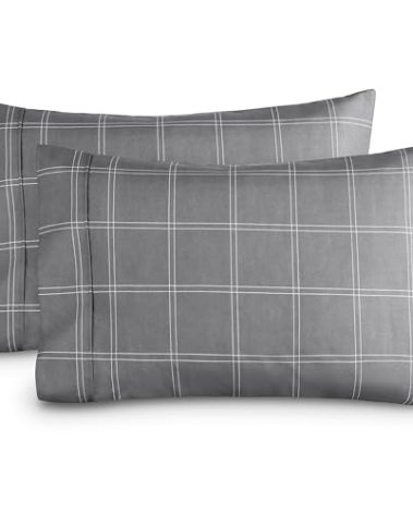 Bare Home Microfiber Pillow Cases - King Size Set of 2 - Cooling Pillowcases - Double Brushed - Pillowcases 2 Pack - Easy Care (King, Modern Plaid - Grey/White)