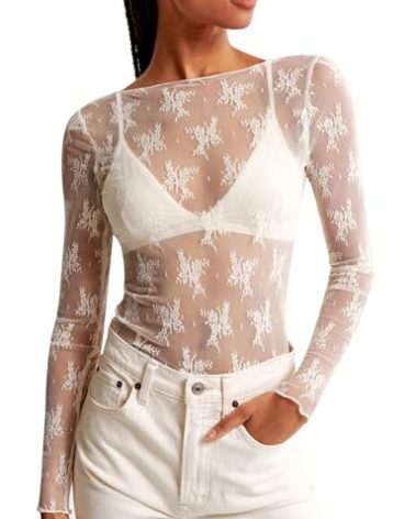 KTILG See Through Mesh Shirts Top Boat Neck Lace Undershirt Fitted Sheer Long Sleeve Tops Clubwear Party Night White L