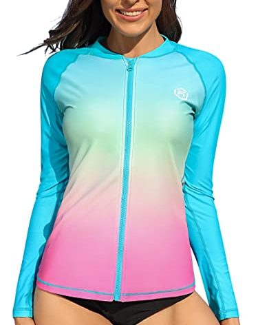 ATTRACO Rashguard for Women UV Protection Swim Shirt SPF Shirts Zipper Athletic Tops Blue Pink