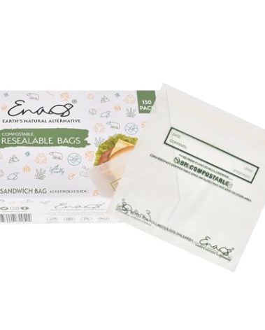 100% Compostable Food Storage Bags [Sandwich 150 Pack] Eco-Friendly Freezer Bags, Resealable Bags, Heavy-Duty, Reusable, by Earth's Natural Alternative, off white