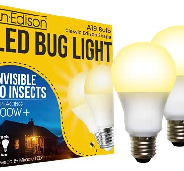 Un-Edison A19 LED Bug Light - Replaces 100W - Yellow Spectrum E26 Medium Outdoor Bulb for Porch Patio & Deck - Upgrade Your Old Painted Incandescent Bug Bulbs to Amber Glow 2-Pack