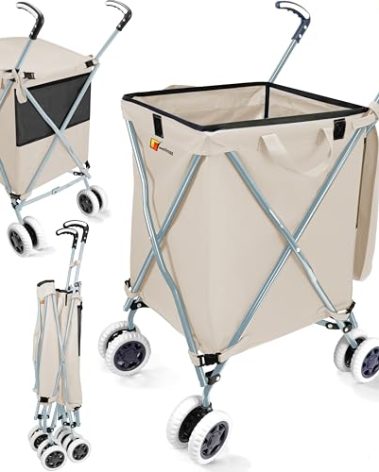 Wellmax WM99100 Series Folding Shopping Cart with Wheels, Grocery Cart with Removable Canvas with Cover, Lightweight Utility Cart for Groceries and Laundry - Holds up to 120 lbs (White)