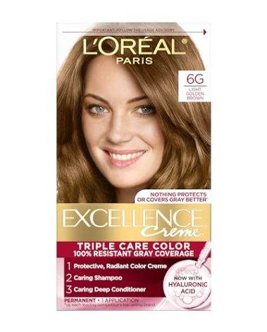 L'Oreal Paris Excellence Crème Permanent Hair Dye, Triple Care Hair Color with Pro-Keratine Complex for 100% Gray Hair Coverage, 6G Light Golden Brown, 1 Kit
