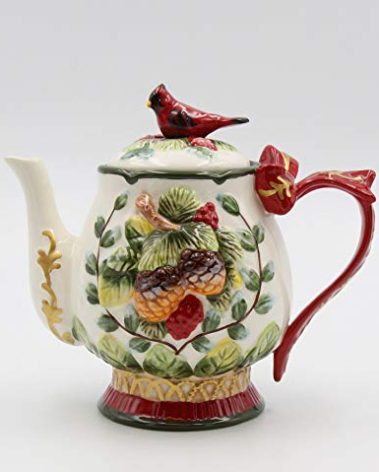 Fine Ceramic Evergreen Holiday Red Cardinal with Pine Cones Teapot, 8-1/8" L