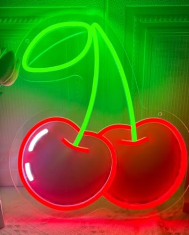Cherry Neon Sign for Wall Decor, Dimmable Red Green Cherries Neon Lights, Vibrant Fruit Themed Neons LED Signs for Kids Room, Bedroom, Restaurant, Bar, Club, Fruit Shop, Birthday Party (Cherry)