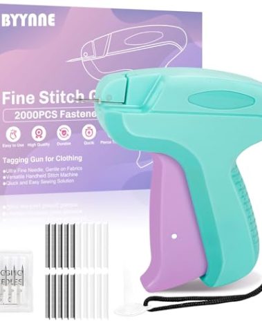 Stitch Gun for Clothes - Handheld Quick Clothing Fixer - Tagging Gun for Clothing, Sewing Kit - Includes 6 Fine Needles, 1000 Black & 1000 White Fasteners (Purple Green)