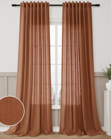 Boho Terracotta Linen Curtains 2 panels for Living Room Bab Tab Light Filtering Sheer Window Curtains Traditional Farmhouse Retro Rust Color Decor Desert Earthy Tone Drapes 108 inches Long 52x108