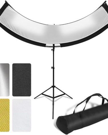 Clamshell Light Reflector Diffuser with Stand and Carrying Bag, 70"x24"/180x60cm Arclight Curved Lighting Reflector for Photo Studio Photography with White/Gold/Silver/Black Colors by MCCKLE