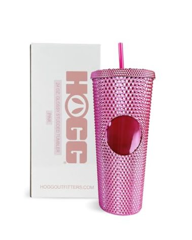 Hogg 24 oz Studded Tumbler with Lid and Straw - Glossy Pink, Reusable Iced Coffee Cup, Bling Tumbler for Women, Glitter Rhinestone Cup, Gifts for Iced Coffee Lovers