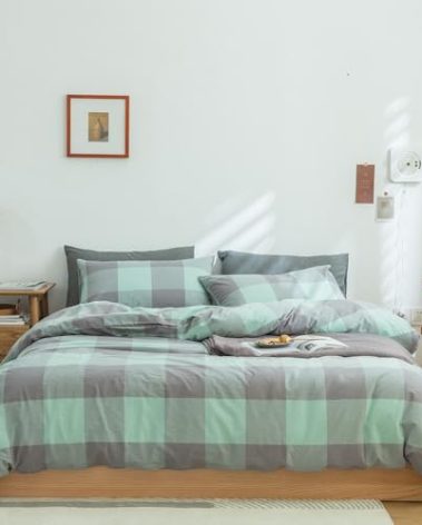 FACE TWO FACE Bedding Duvet Cover Set100% Washed Cotton Duvet Cover Linen Like Textured Breathable Durable Soft Comfy (Queen, Light Green Grid)