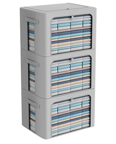 CYhom 3Pack Frame Storage Box - Clothes Storage Bin Bags Oxford Fabric Foldable Stackable Container Organizer Set with Clear Window & Carry Handles (Grey, Extra Large-100L)