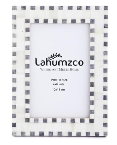 Lahumzco 4x6 Checked Pattern Picture Frame Handmade Beading Art Vintage Table-Top/Wall Décor Boho Bone Photo Frames -Gray/White