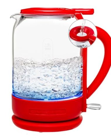 OVENTE Electric Kettle with 1.5L Borosilicate Glass, 1500W Fast Boiling Water Heater for Coffee or Tea, Easy to Fill Lid, Auto Shut-Off, Boil-Dry Protection & Stainless Steel Filter, Red KG516R