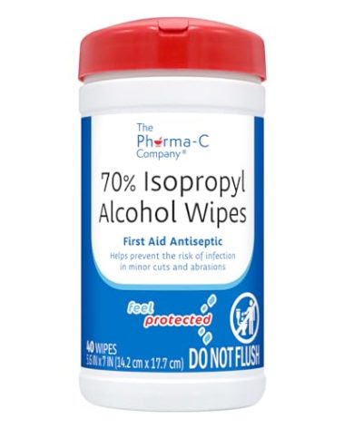 The Pharma-C Company 70% Isopropyl Alcohol Wipes [40 wipes] - IPA First Aid Antiseptic Wound Cleaner with Moisture Lock Lid. For minor cuts, scrapes, and burns.