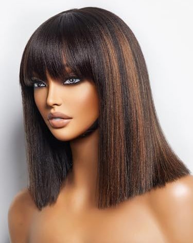 LUVME HAIR 12 Inch Yaki Straight Bob Wig with Bangs Human Hair Glueless HD Lace Bob Wig with Brown Highlights, Ready to Go Short Wigs For Women 180 Density Breathable Cap