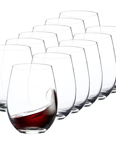 FAWLES Stemless Wine Glasses Set of 12, 15 Ounce Smooth Rim Standard Wine Glass Tumbler for Red, White Wine, Dishwasher Safe