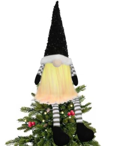 Black Christmas Tree Topper with Lights,Gnome Tree Topper Lighted Unique Tree Toppers Christmas Decorations Battery Operated Tree Topper with Timer 24.8 Inch