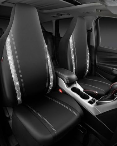 CAR PASS Leather Car Seat Covers Front Two Tesla Model 3 Model Y, Bling Waterproof Universal fit High Back Bucket Diamond Shining Glitter Crystal Sparkle, Truck SUV Cute Women Girl, Silver Rhinestone