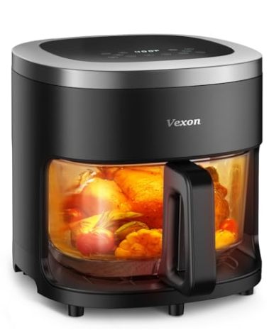 Vexon 6-IN-1 Glass Air Fryer,4.5QT Air Fryer with Viewing Glass Pot, Air Fry, Roast, Reheat, Dehydrate, Air Crisp Technology,Nonstick & Dishwasher Safe Basket,97% Less Oil,Features Digital Timer