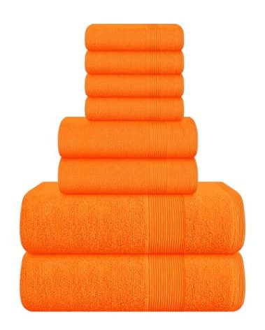 Belizzi Home 8 Piece Towel Set 100% Ring Spun Cotton, 2 Bath Towels 27x54, 2 Hand Towels 16x28 and 4 Washcloths 13x13 - Ultra Soft Highly Absorbent Machine Washable Hotel Spa Quality - Orange