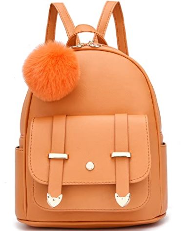 I IHAYNER Girls Fashion Backpack Mini Backpack Purse for Women Teenage Girls Purses PU Leather Pompom Backpack Shoulder Bag Orange