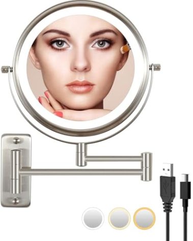 LANSI Rechargeable Lighted Makeup Mirror, 10x Magnifying Mirror, 3 Color Lights, Touch Screen Dimming, 360° Extendable Arm Wall Mounted Mirror for Bathroom Shaving (Brushed Nickel)